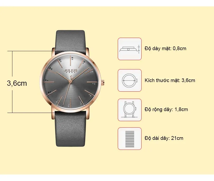 Đồng Hồ Nữ JA-1161E Julius Hàn Quốc Dây Da (Xám)