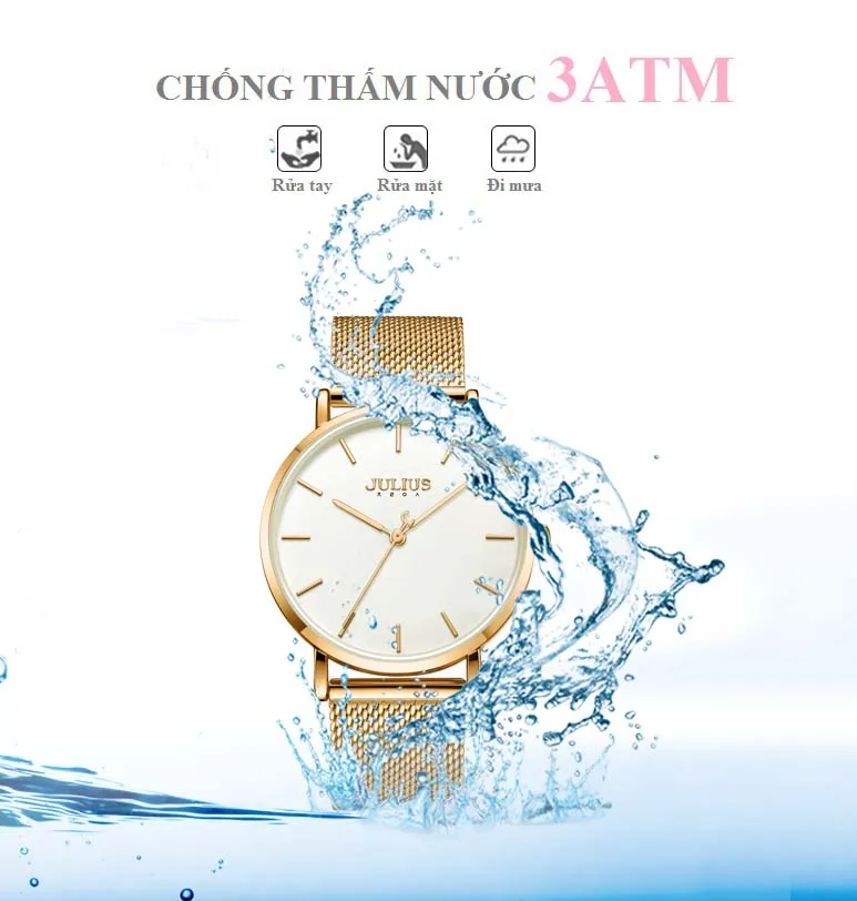 Đồng Hồ Unisex JA-1164MF Julius Hàn Quốc Dây Thép (Vàng) - chống thấm nước 3ATM