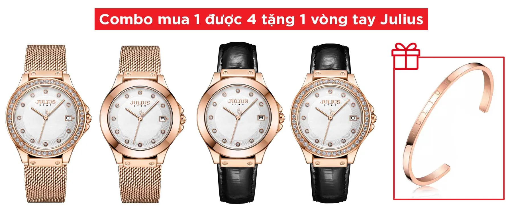 Đồng Hồ Julius Star JS-040B Kèm Dây Da và Lắc Tay (Đồng) - combo