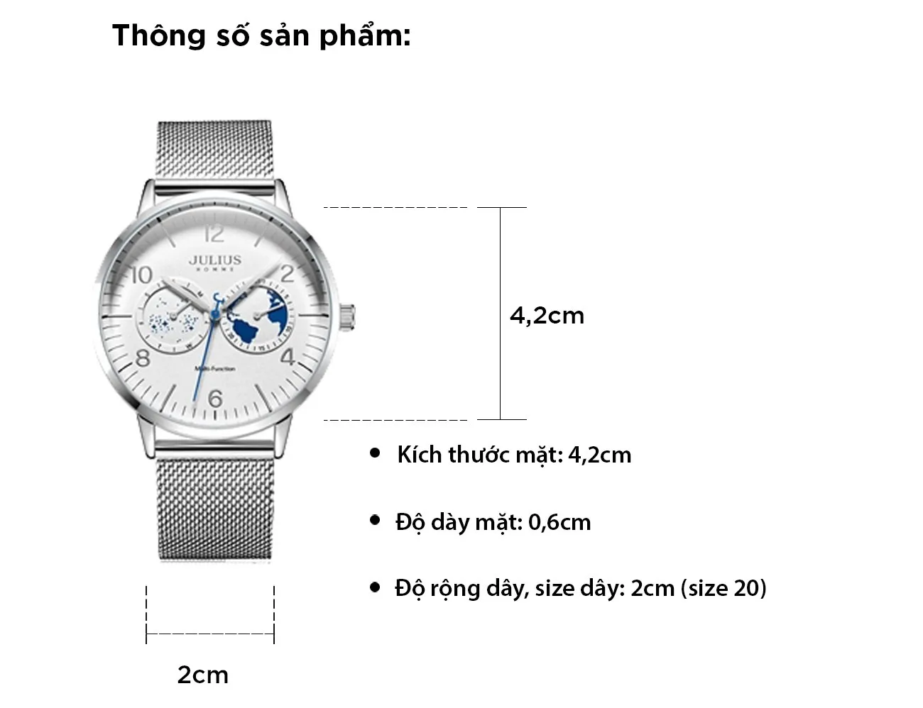 Đồng Hồ Nam JAH-117A Julius Homme Hàn Quốc Dây Thép (Trắng) - thông số