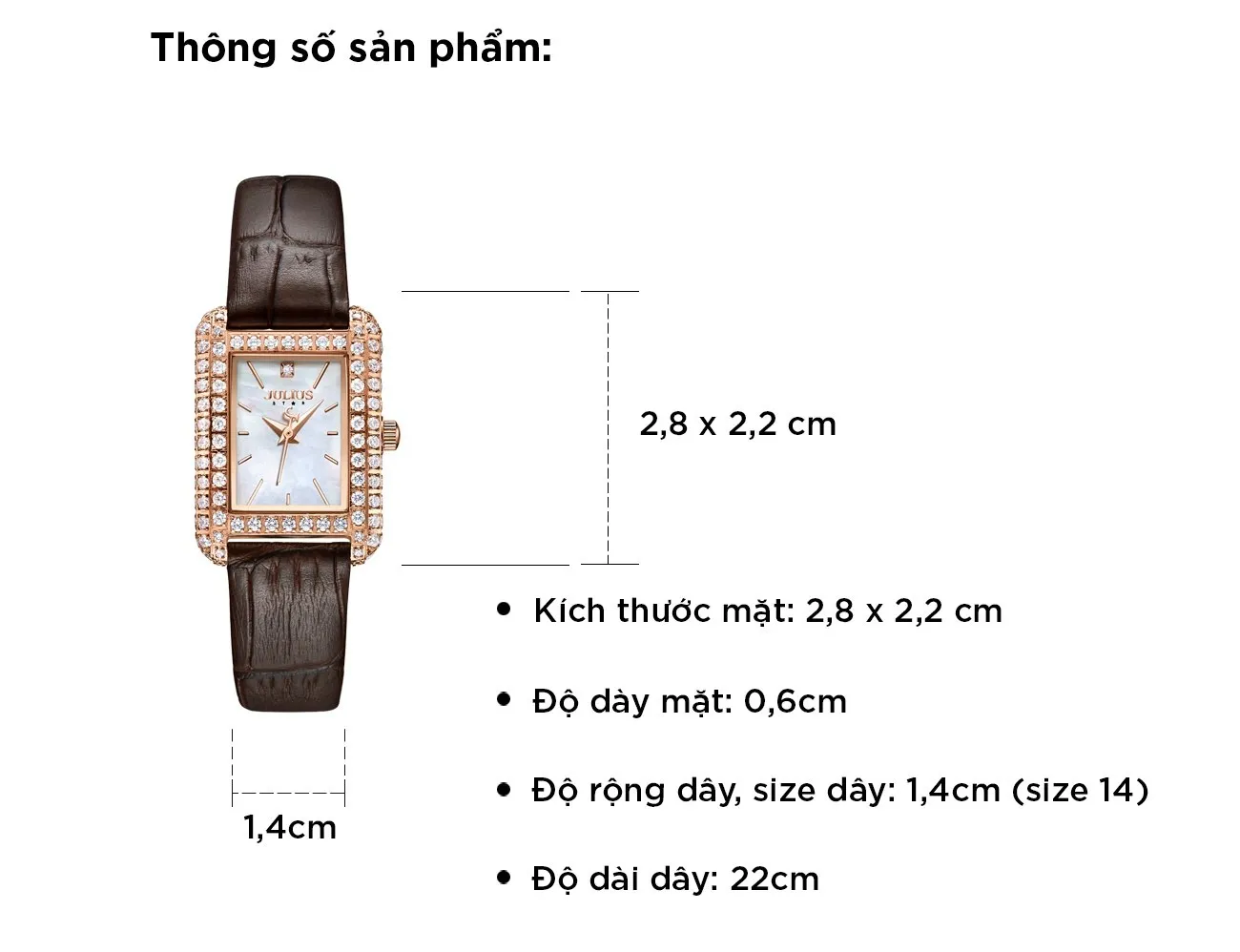 Đồng Hồ Nữ JS-046A Kính Sapphire Julius Hàn Quốc Dây Da (Nâu)