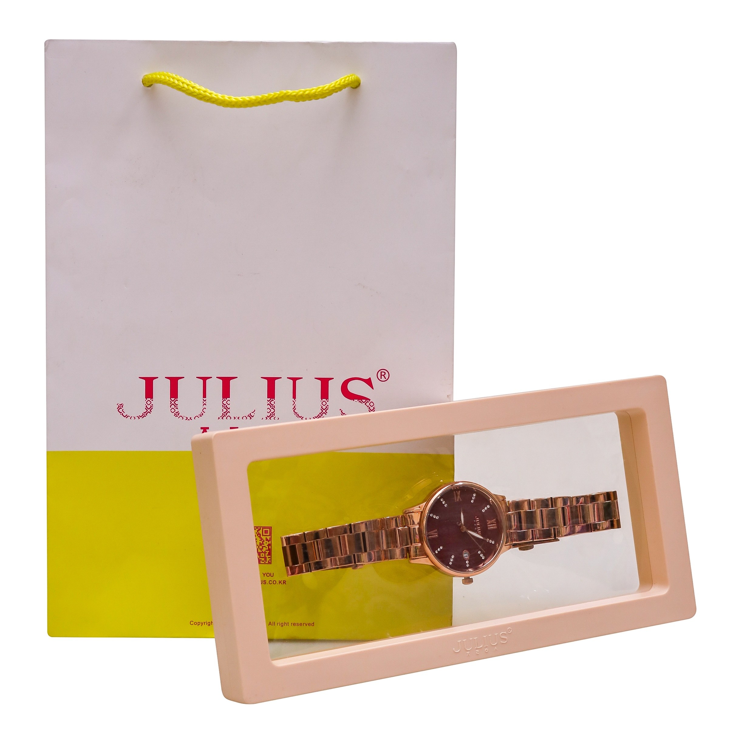 Đồng Hồ Nữ Julius JA-1218B Hàn Quốc Dây Thép (Hồng Đỏ) - full box