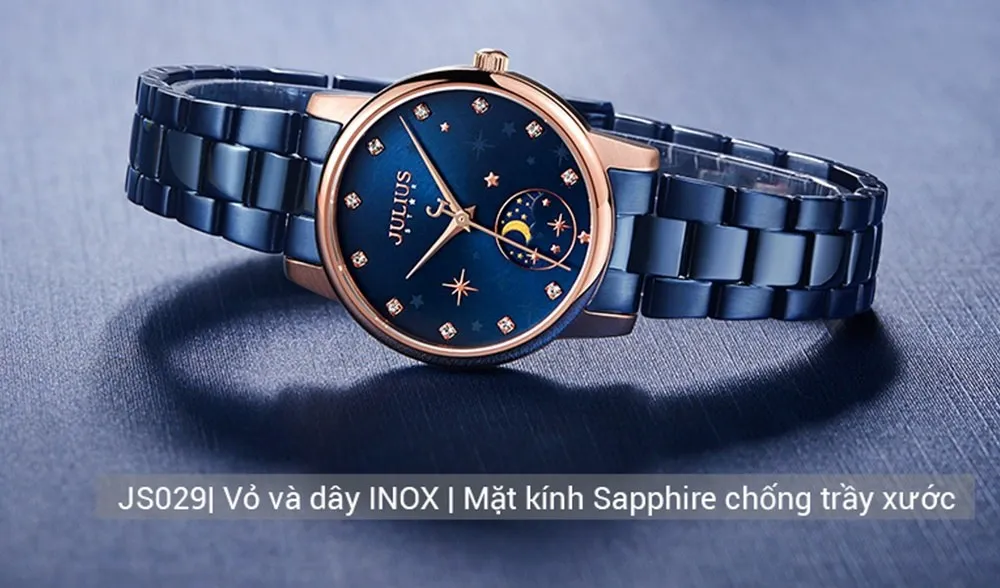 Đồng Hồ Nữ JS-029C Kính Sapphire Julius Star Hàn Quốc (Xanh) - mặt trước nghiêng