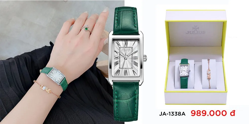 Đồng Hồ Nữ JA-1338A Julius Hàn Quốc dây da (Xanh) - full box giá